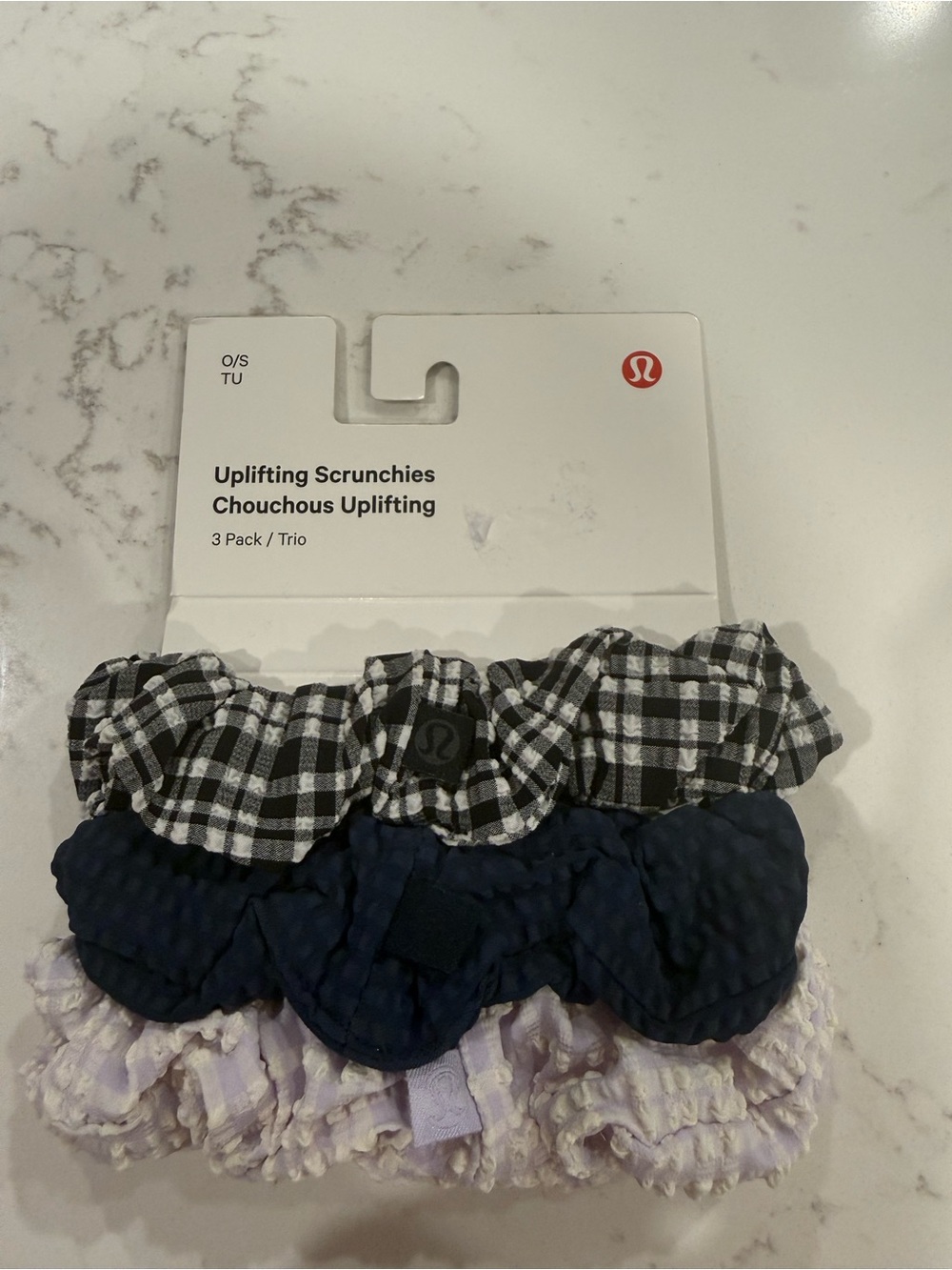 NWT Lululemon Scrunchie Set - Black Plaid, Navy, Light Lavender plaid